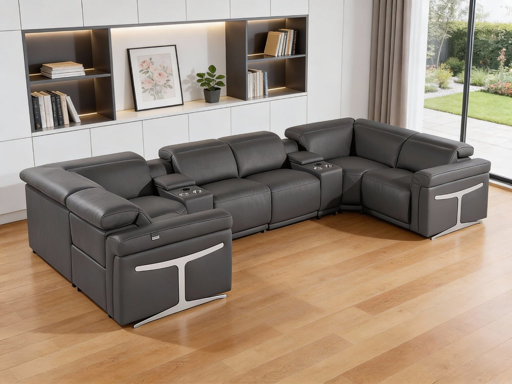 HomeRoots Dark Gray Italian Leather Power Reclining U-Shaped Sectional with Console for Ultimate Comfort & Style 634674