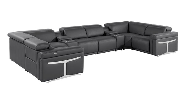HomeRoots Dark Gray Italian Leather Power Reclining U-Shaped Sectional with Console for Ultimate Comfort & Style 634674