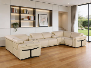 HomeRoots Beige Italian Leather U-Shaped Eight-Piece Sectional with Power Recliners, Console & USB Ports 634675