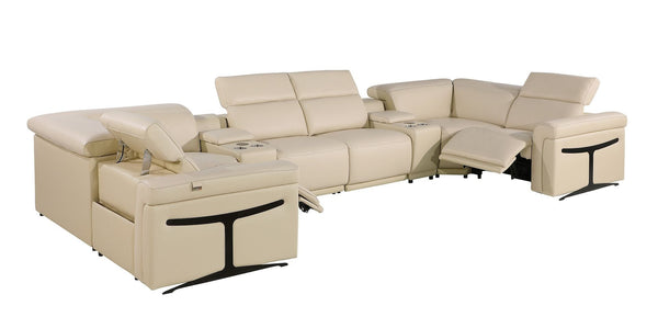 HomeRoots Beige Italian Leather U-Shaped Eight-Piece Sectional with Power Recliners, Console & USB Ports 634675