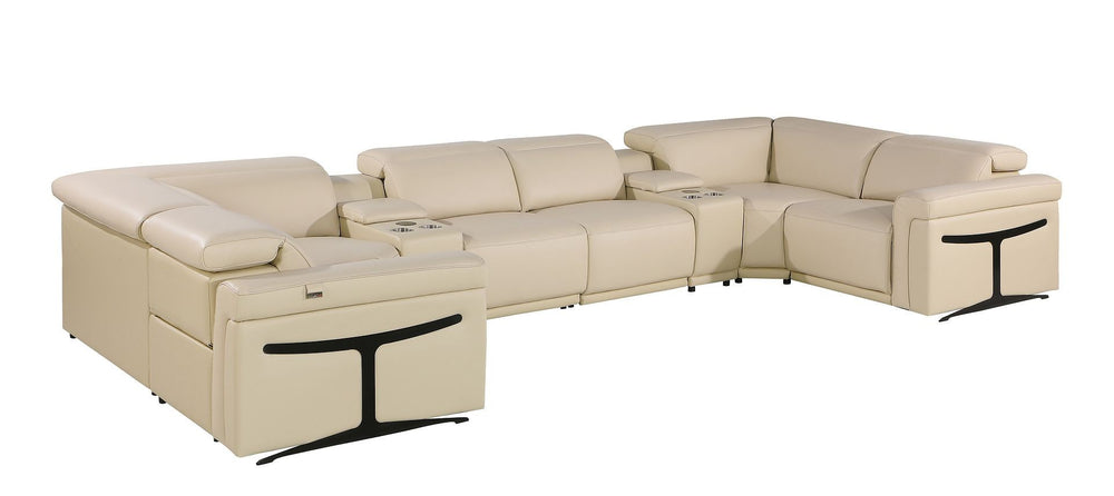 HomeRoots Beige Italian Leather U-Shaped Eight-Piece Sectional with Power Recliners, Console & USB Ports 634675