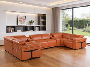 HomeRoots Camel Italian Leather U-Shaped Sectional Sofa with Power Recliners, Console & USB Charging Station 634676