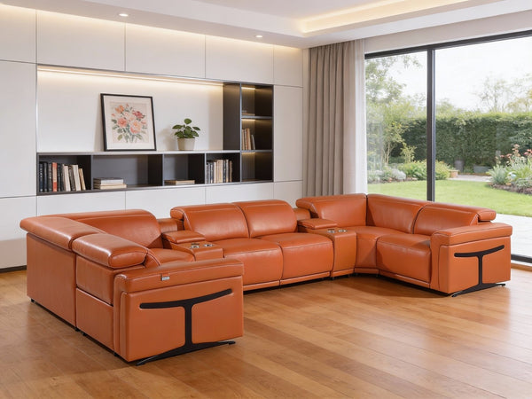 HomeRoots Camel Italian Leather U-Shaped Sectional Sofa with Power Recliners, Console & USB Charging Station 634676