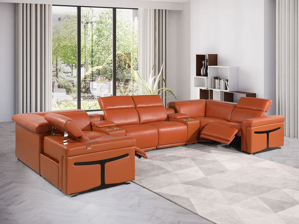 HomeRoots Camel Italian Leather U-Shaped Sectional Sofa with Power Recliners, Console & USB Charging Station 634676