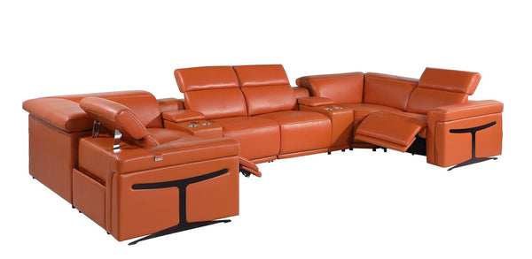 HomeRoots Camel Italian Leather U-Shaped Sectional Sofa with Power Recliners, Console & USB Charging Station 634676