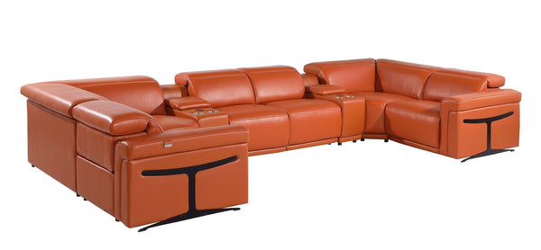 HomeRoots Camel Italian Leather U-Shaped Sectional Sofa with Power Recliners, Console & USB Charging Station 634676
