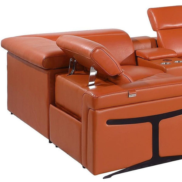 HomeRoots Camel Italian Leather U-Shaped Sectional Sofa with Power Recliners, Console & USB Charging Station 634676