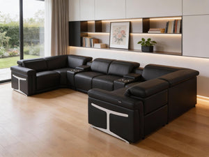 Italian Leather Power Reclining U-shaped Sectional Eight Seat Corner Sofa with Storage Console