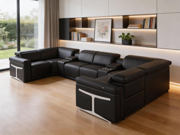 Italian Leather Power Reclining U-shaped Sectional Eight Seat Corner Sofa with Storage Console