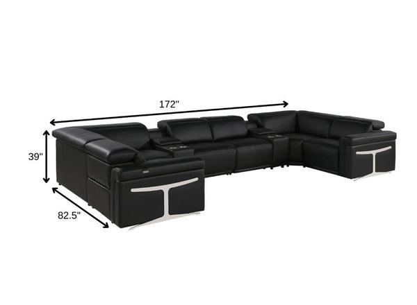 Italian Leather Power Reclining U-shaped Sectional Eight Seat Corner Sofa with Storage Console