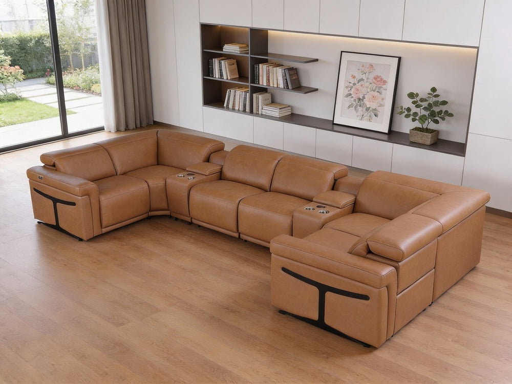 HomeRoots Chestnut Italian Leather U-Shaped Power Reclining Sectional Sofa with Console & USB Charging Ports 634678