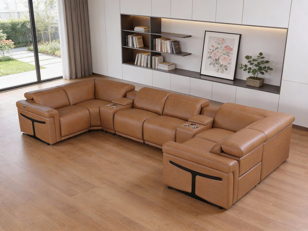HomeRoots Chestnut Italian Leather U-Shaped Power Reclining Sectional Sofa with Console & USB Charging Ports 634678