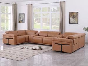 HomeRoots Chestnut Italian Leather U-Shaped Power Reclining Sectional Sofa with Console & USB Charging Ports 634678
