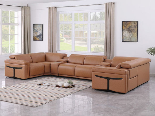 HomeRoots Chestnut Italian Leather U-Shaped Power Reclining Sectional Sofa with Console & USB Charging Ports 634678