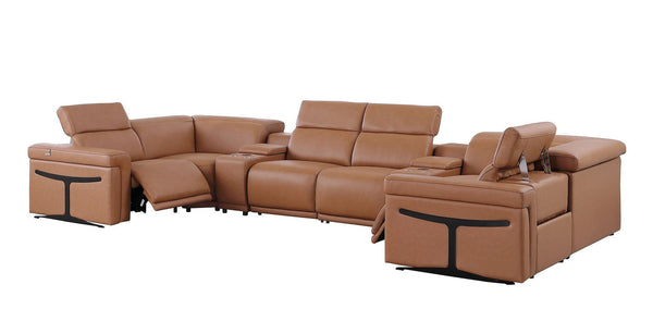 HomeRoots Chestnut Italian Leather U-Shaped Power Reclining Sectional Sofa with Console & USB Charging Ports 634678