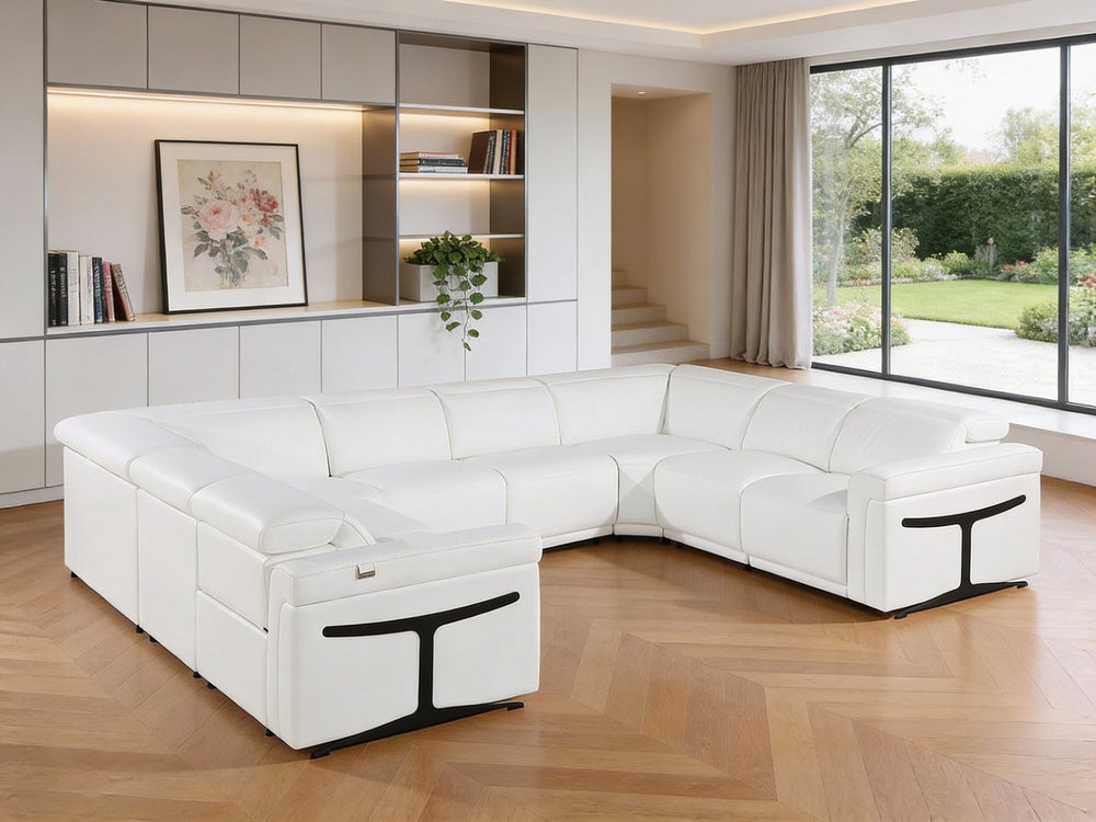 HomeRoots White Italian Leather Power Reclining U-Shaped Sectional Sofa for 8 with Console & Modern Design 634680