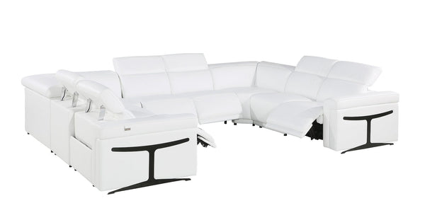 HomeRoots White Italian Leather Power Reclining U-Shaped Sectional Sofa for 8 with Console & Modern Design 634680