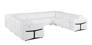 HomeRoots White Italian Leather Power Reclining U-Shaped Sectional Sofa for 8 with Console & Modern Design 634680
