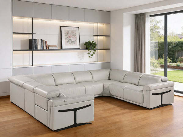 HomeRoots Light Gray Italian Leather U-Shaped Power Reclining Sectional with Console & USB Charging Features 634681