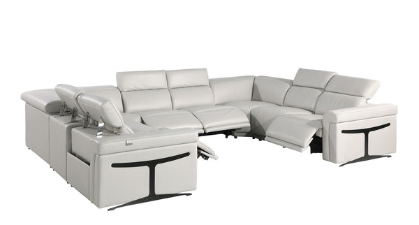 HomeRoots Light Gray Italian Leather U-Shaped Power Reclining Sectional with Console & USB Charging Features 634681