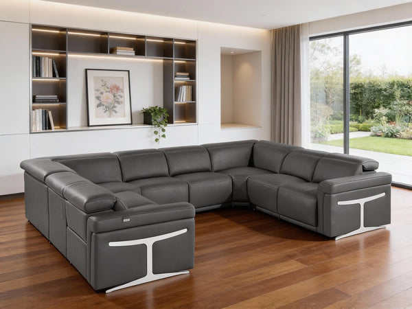 Italian Leather Power Reclining U-shaped Sectional Eight Seat Corner Sofa with Storage Console