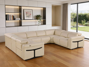 HomeRoots Beige Italian Leather U-Shaped Eight-Piece Power Reclining Sectional with Console for Luxury Comfort 634683