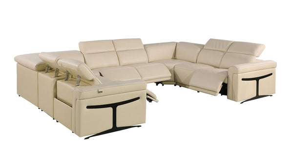 HomeRoots Beige Italian Leather U-Shaped Eight-Piece Power Reclining Sectional with Console for Luxury Comfort 634683
