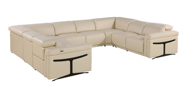 HomeRoots Beige Italian Leather U-Shaped Eight-Piece Power Reclining Sectional with Console for Luxury Comfort 634683