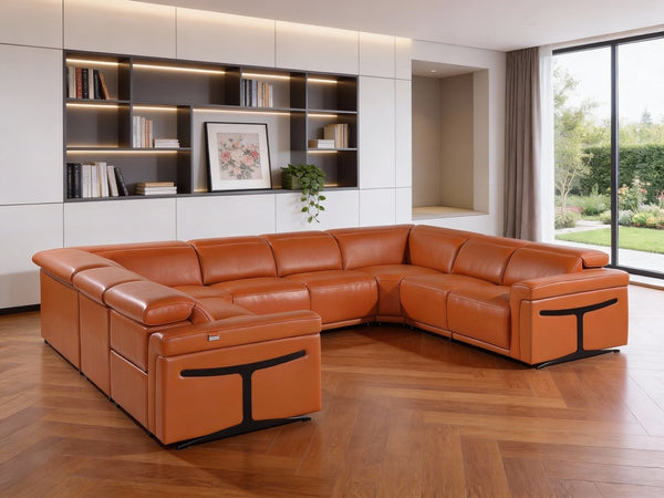 HomeRoots Camel Italian Leather U-Shaped Sectional with Power Recliners & Console - Seats 8 Comfortably! 634684