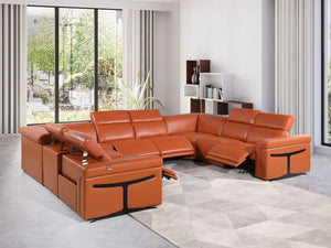 HomeRoots Camel Italian Leather U-Shaped Sectional with Power Recliners & Console - Seats 8 Comfortably! 634684
