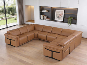 HomeRoots Chestnut Italian Leather U-Shaped Sectional Sofa with Power Recline, Console & Modern Design Features 634686