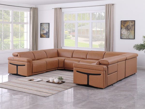 HomeRoots Chestnut Italian Leather U-Shaped Sectional Sofa with Power Recline, Console & Modern Design Features 634686