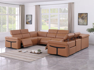 HomeRoots Chestnut Italian Leather U-Shaped Sectional Sofa with Power Recline, Console & Modern Design Features 634686