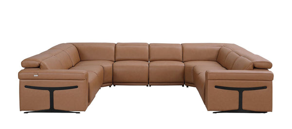 HomeRoots Chestnut Italian Leather U-Shaped Sectional Sofa with Power Recline, Console & Modern Design Features 634686