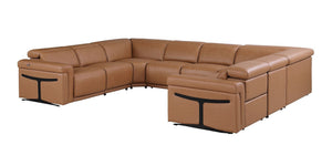 HomeRoots Chestnut Italian Leather U-Shaped Sectional Sofa with Power Recline, Console & Modern Design Features 634686