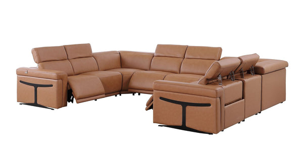 HomeRoots Chestnut Italian Leather U-Shaped Sectional Sofa with Power Recline, Console & Modern Design Features 634686