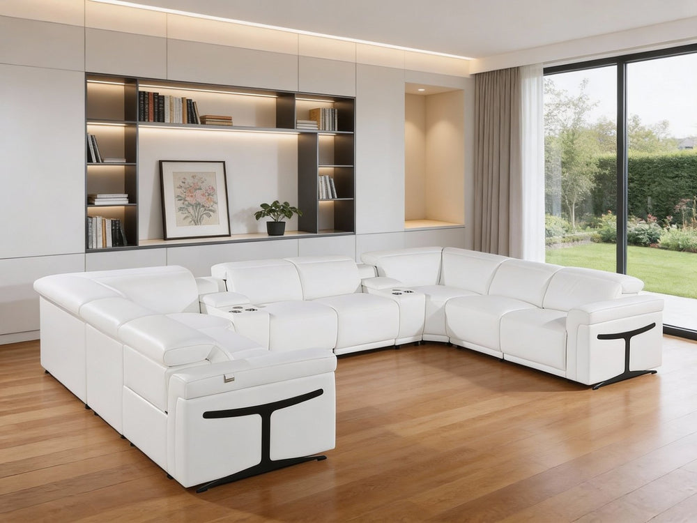 HomeRoots White Italian Leather U-Shaped Power Reclining Sectional Sofa with Console & Cup Holders, 10 Pieces 634688