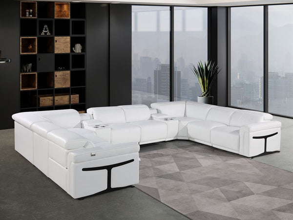 HomeRoots White Italian Leather U-Shaped Power Reclining Sectional Sofa with Console & Cup Holders, 10 Pieces 634688