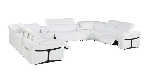 HomeRoots White Italian Leather U-Shaped Power Reclining Sectional Sofa with Console & Cup Holders, 10 Pieces 634688