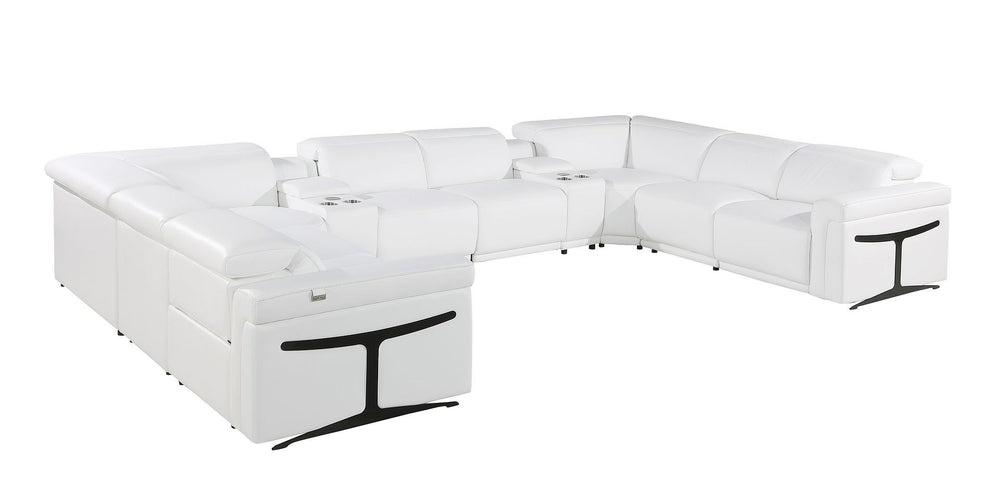 HomeRoots White Italian Leather U-Shaped Power Reclining Sectional Sofa with Console & Cup Holders, 10 Pieces 634688