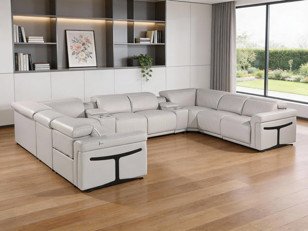 Italian Leather Power Reclining U-shaped Sectional with Built-in Storage Console Ten Piece Set