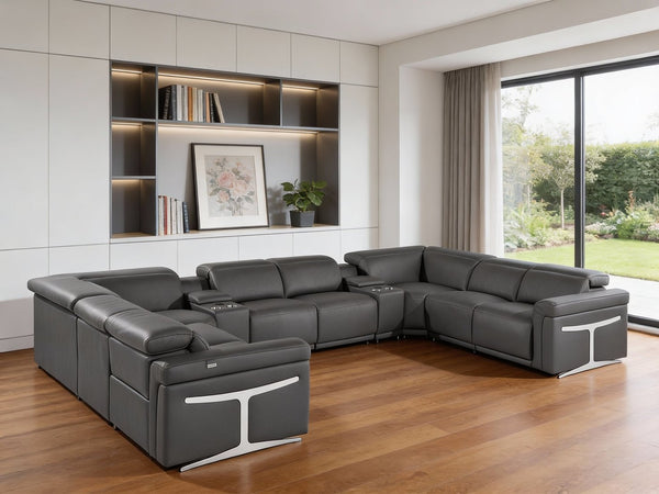 HomeRoots Dark Gray Italian Leather U-Shaped Power Reclining Sectional with Console for Modern Living Spaces 634690