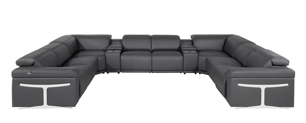 HomeRoots Dark Gray Italian Leather U-Shaped Power Reclining Sectional with Console for Modern Living Spaces 634690