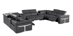 HomeRoots Dark Gray Italian Leather U-Shaped Power Reclining Sectional with Console for Modern Living Spaces 634690