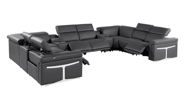HomeRoots Dark Gray Italian Leather U-Shaped Power Reclining Sectional with Console for Modern Living Spaces 634690