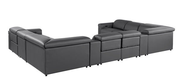 HomeRoots Dark Gray Italian Leather U-Shaped Power Reclining Sectional with Console for Modern Living Spaces 634690
