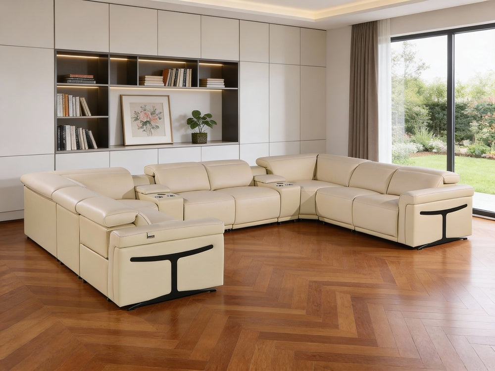 HomeRoots Beige Italian Leather U-Shaped Power Reclining Sectional with Console – Luxury Seating for 8! 634691
