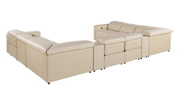 HomeRoots Beige Italian Leather U-Shaped Power Reclining Sectional with Console – Luxury Seating for 8! 634691