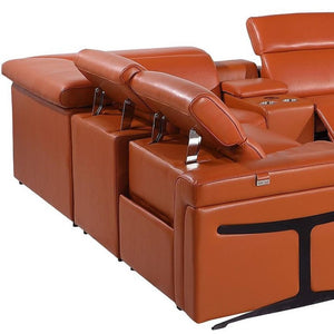 HomeRoots Camel Italian Leather U-Shaped Power Reclining Sectional Sofa with Console for Ultimate Comfort 634692