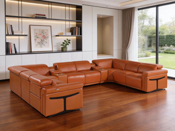 HomeRoots Camel Italian Leather U-Shaped Power Reclining Sectional Sofa with Console for Ultimate Comfort 634692